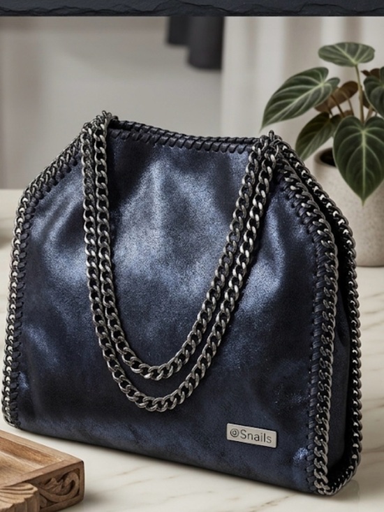 Snails Handbags - Snails 🐌 Metallic Black Snails Tote Bag with Lead-Tone Chain Detail